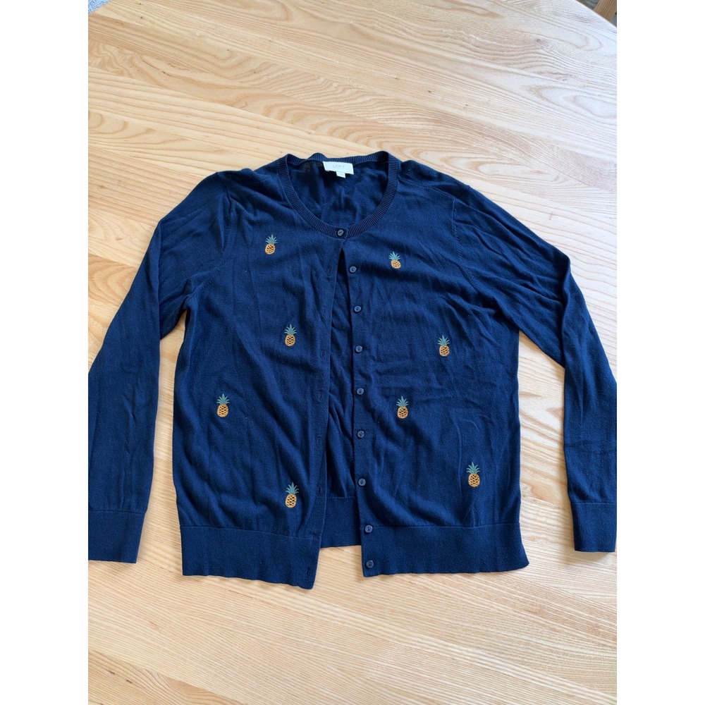 LOFT Outlet Navy Blue Embroidered Pineapple Cotton Cardigan Sweater Large L